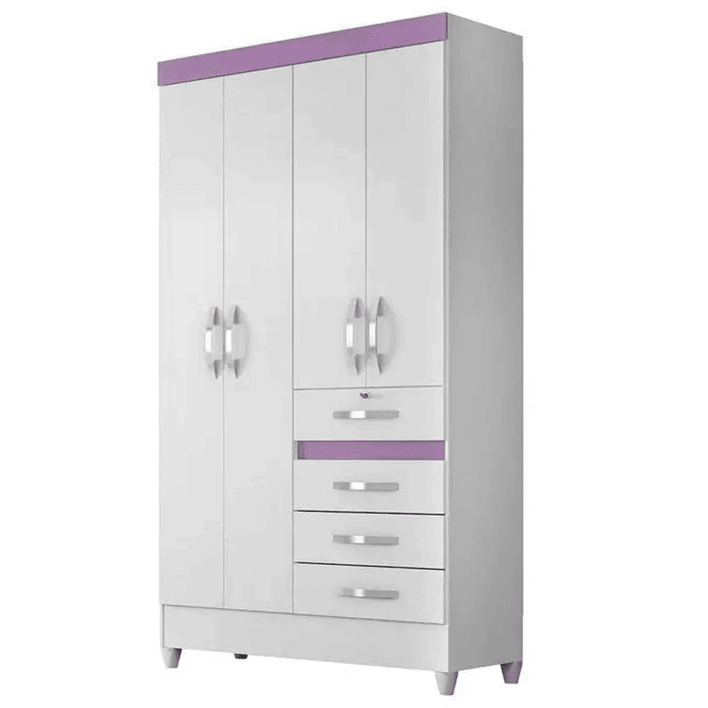 Guarda-Roupa Solteiro 4 Portas 4 Gavetas Branco/Rosa/Azul/Lil&aacute;s Flex Moval Sobral, Branco, large image number 4